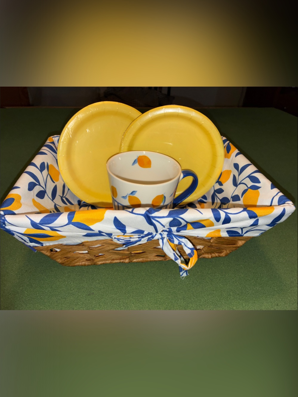 Yellow & Blue Citrus Mug and paper Plate Set with Lined Basket